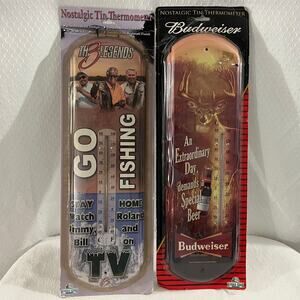 Lot of 2 Nostalgic Tin 17x5 Collectors Thermometers Go Fishing & Budweiser Beer